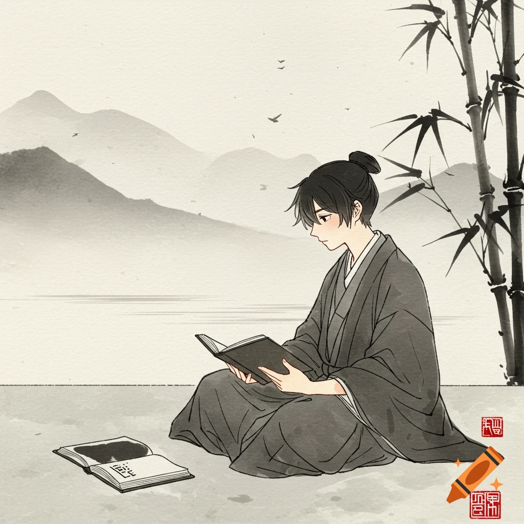 Ink wash painting of a young person in traditional clothing reading a book, with bamboo and mountains.