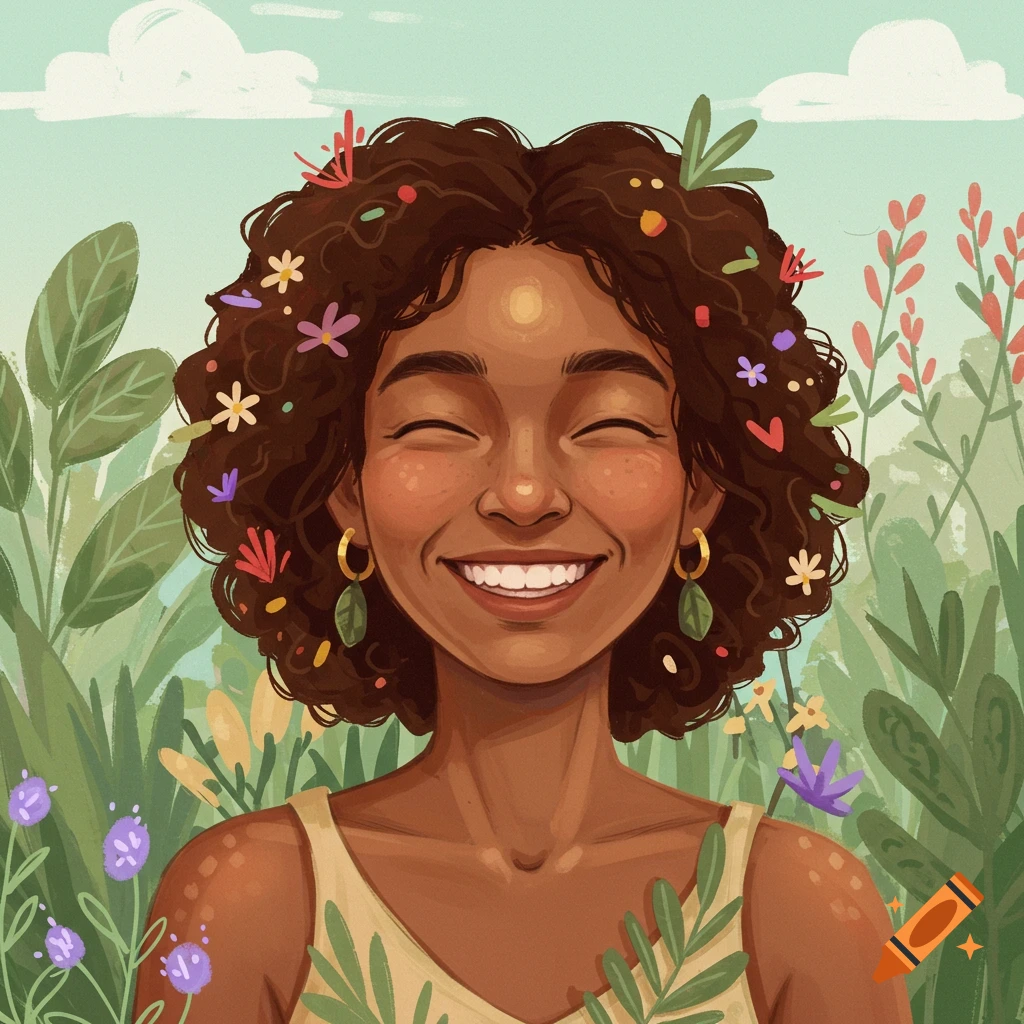 Illustration of a smiling woman with flowers in her curly hair, surrounded by plants and flowers.