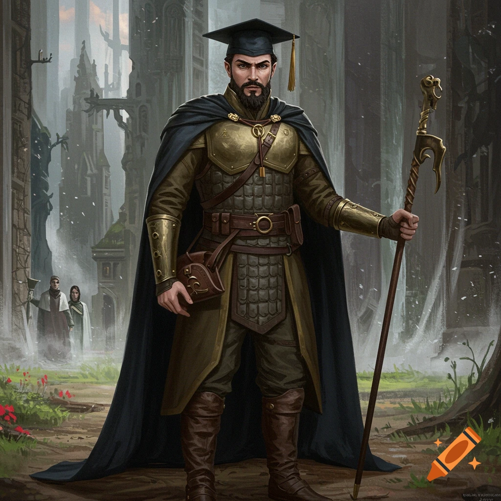 A man in fantasy armor and graduation cap stands in a forest ruin.