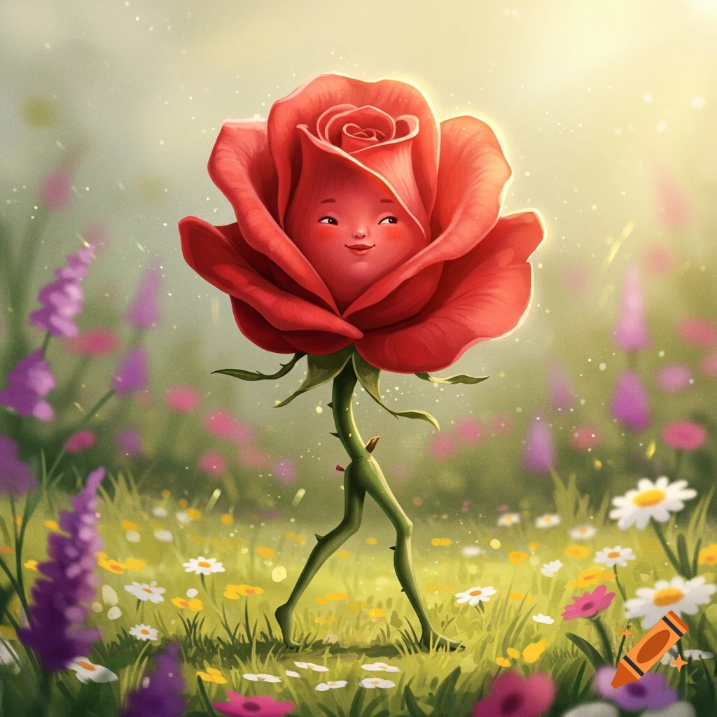 A cartoon red rose with a face and legs stands in a sunny field of flowers.