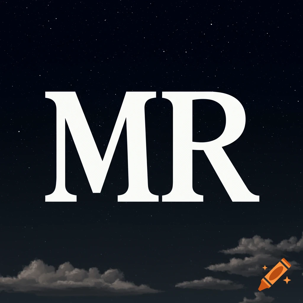 The white letters MR over a dark, starry night sky with clouds.
