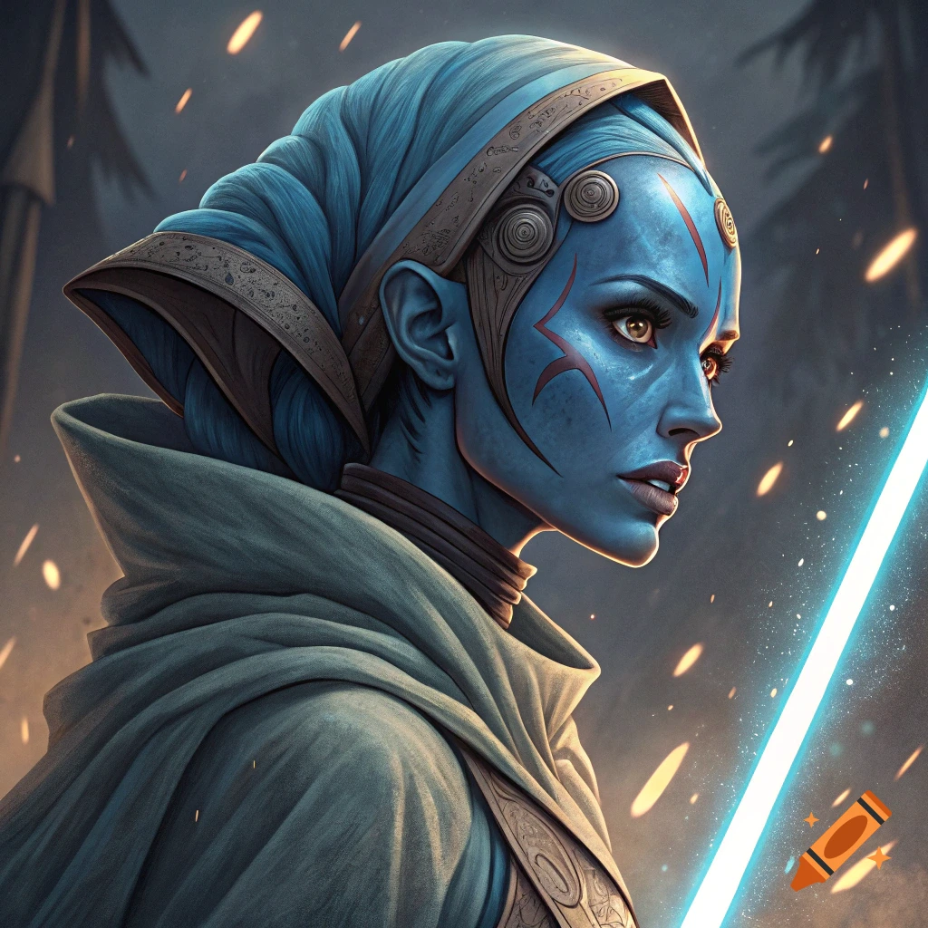 Profile portrait of a blue-skinned humanoid character with red facial markings, looking at a glowing blue lightsaber in a cinematic sci-fi setting.