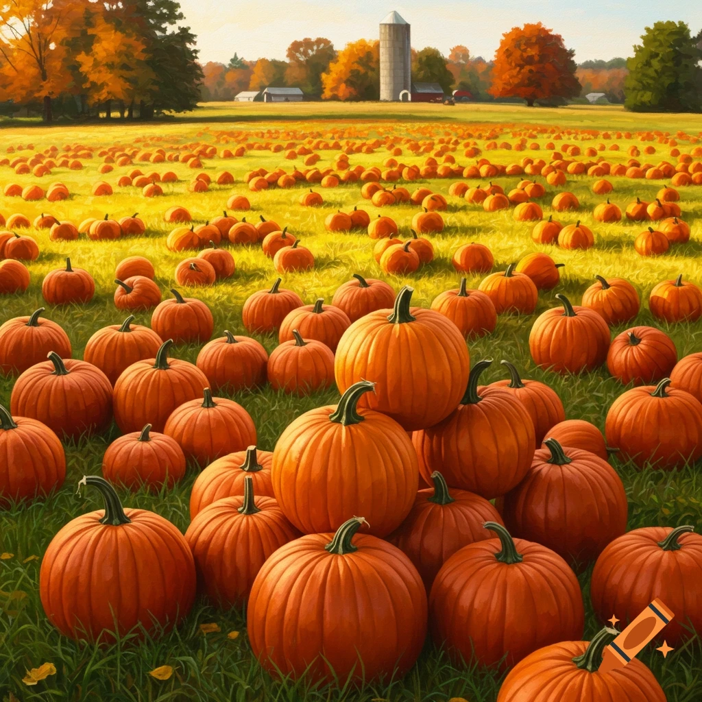 An autumn farm field filled with many orange pumpkins, with a barn and silo in the background.