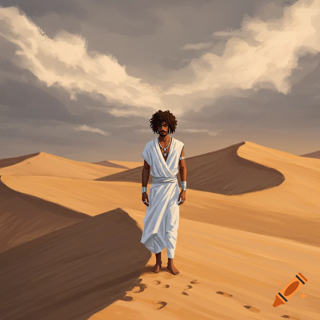 A man in white robes stands in a desert with sand dunes under a cloudy sky.