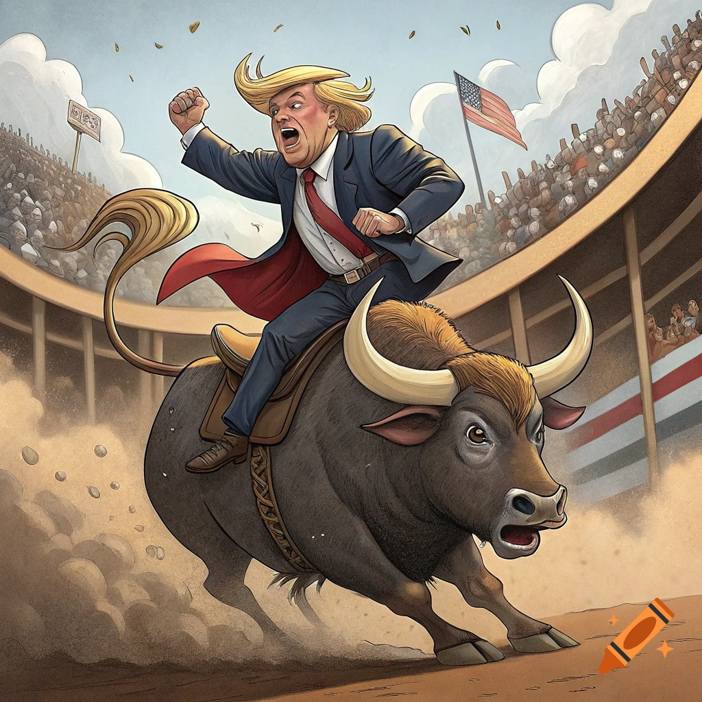 Cartoon of a person resembling Donald Trump riding a bucking bull in a rodeo arena.