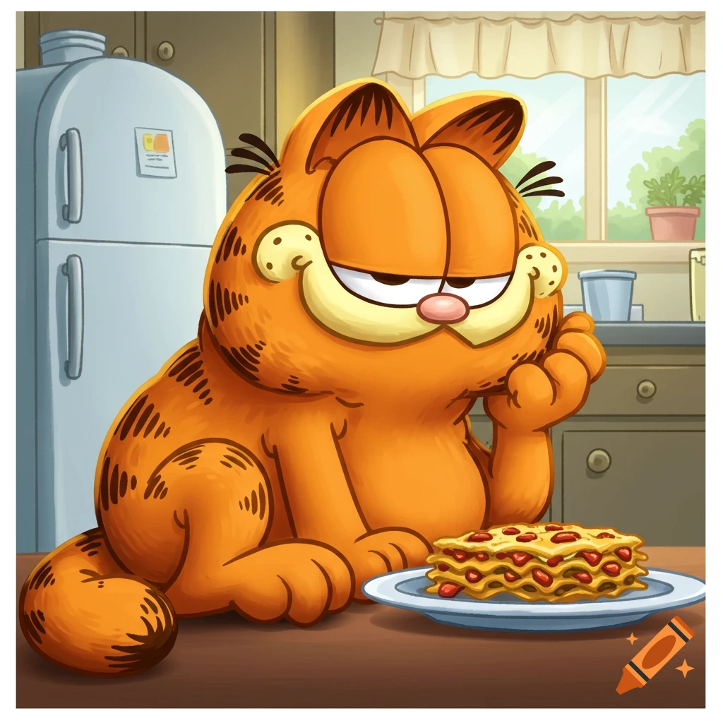 Garfield the cat sits in a kitchen looking at a plate of lasagna, in a cartoon style.