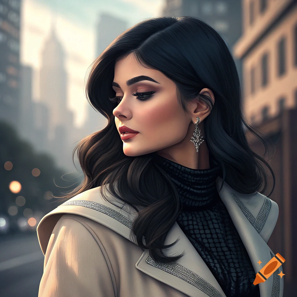 A photorealistic portrait of a woman in a beige coat and black top looking down in a city street.
