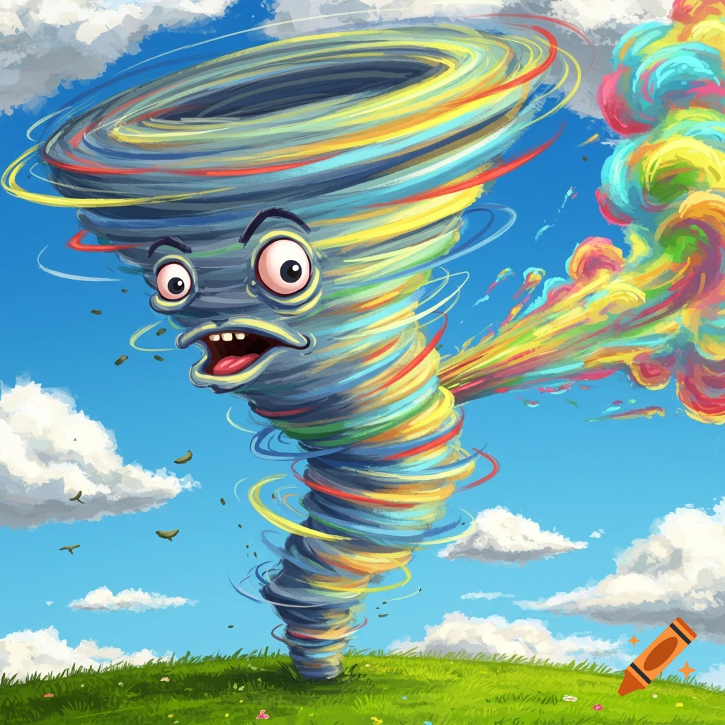 A colorful cartoon tornado with a face farts rainbow colors on a grassy hill under a blue sky.