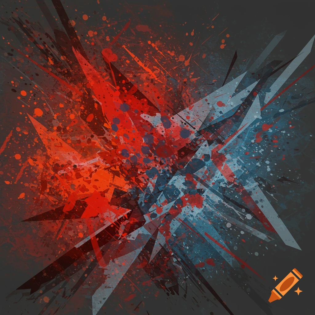 Abstract painting with red and blue splatters and sharp geometric shapes on a dark background.