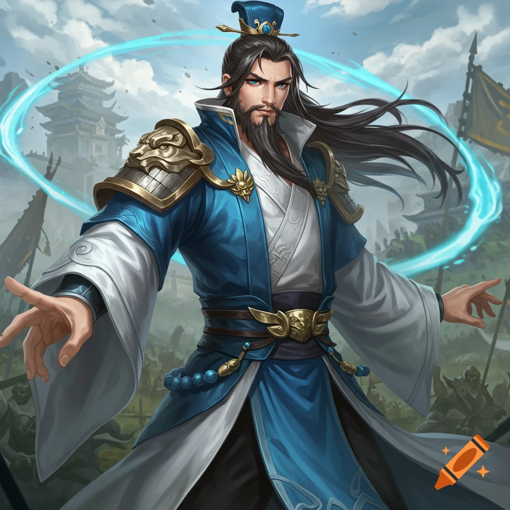 Illustration of a man in blue and white traditional clothing with gold armor, beard, and long hair, casting a blue spell in a fantasy setting.