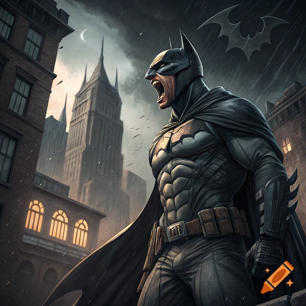 Illustration of Batman yelling in a rainy city at night.