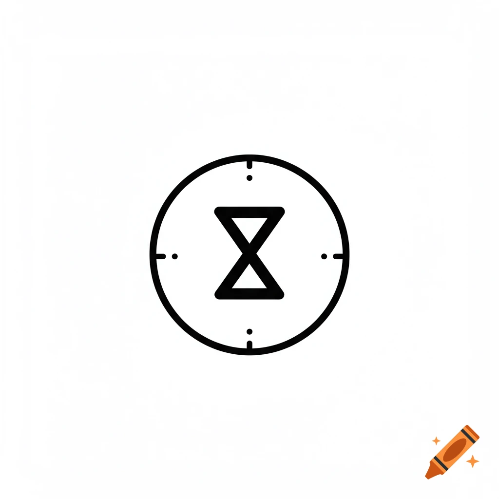 Black and white icon of an hourglass inside a circle with dots around the edge.