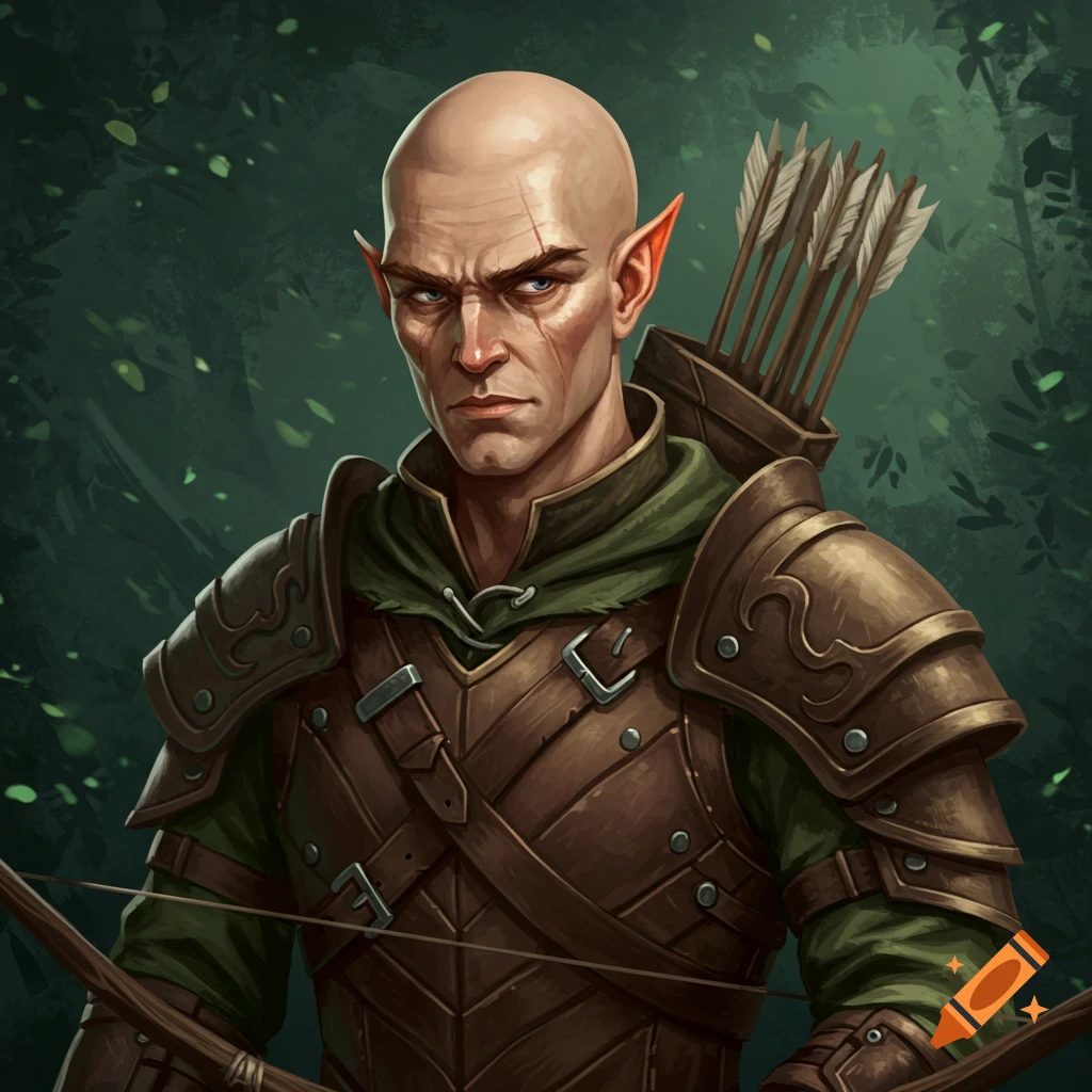 A portrait of a bald wood elf rogue in leather armor holding a bow in a forest setting.