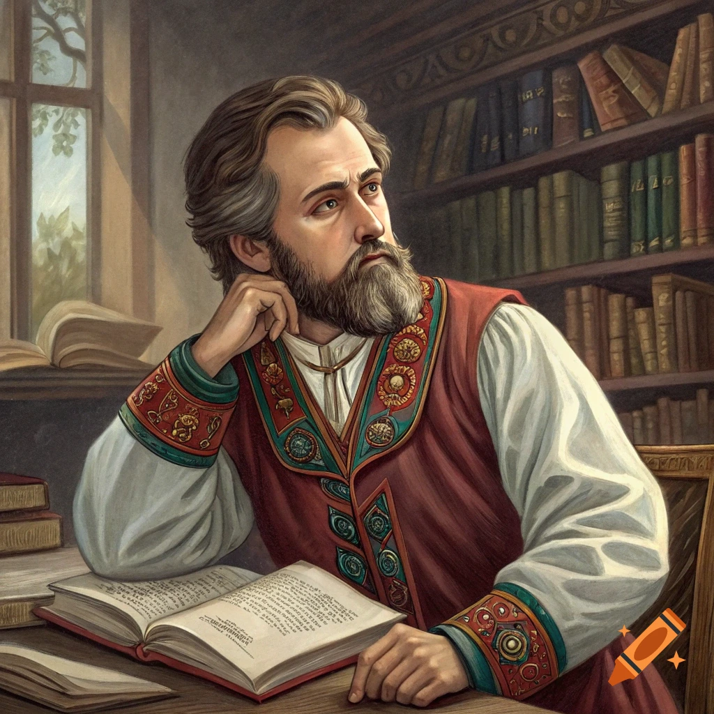A bearded man in historical clothing sits at a desk with an open book, looking thoughtful. Painting style.