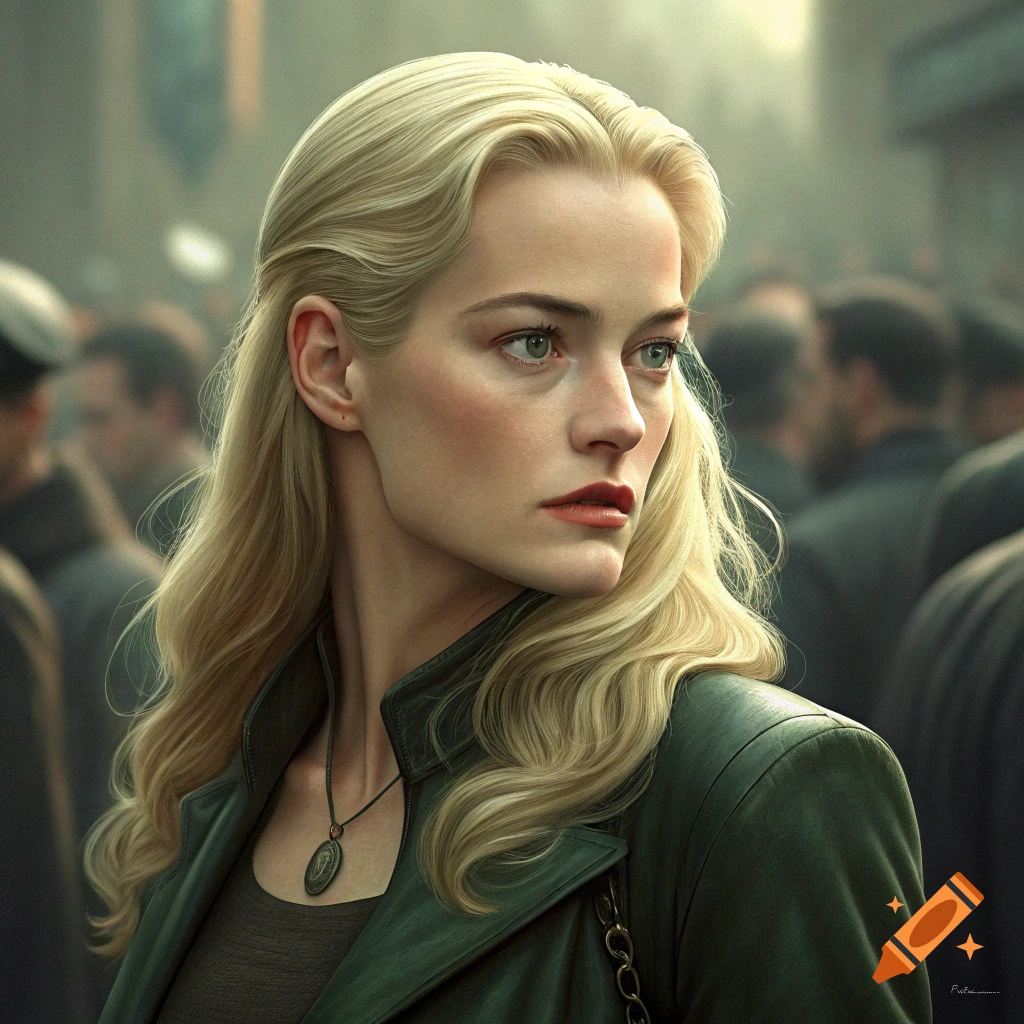 Photorealistic portrait of a young blonde woman in a green jacket looking away in a crowd