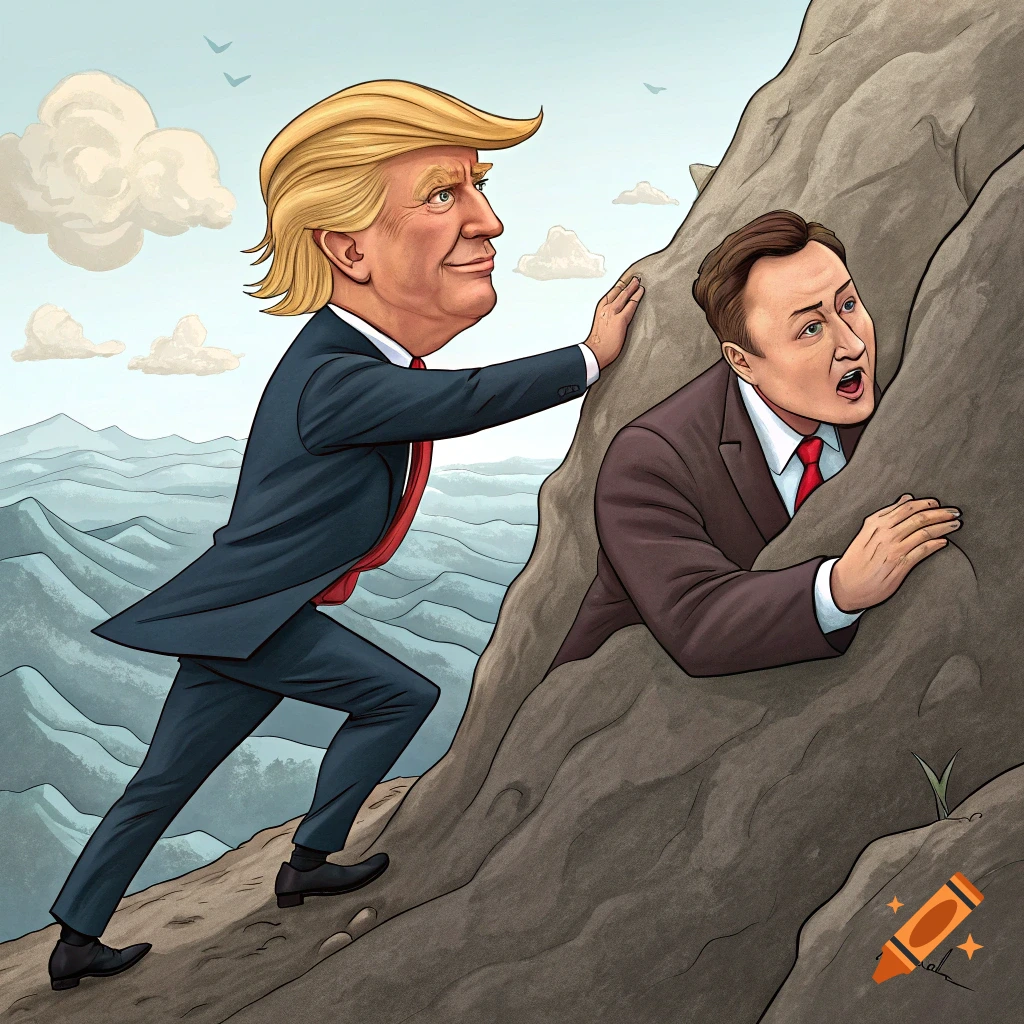 Illustration of Donald Trump pushing Elon Musk up or off a rocky mountain or cliff face. Cartoon style.