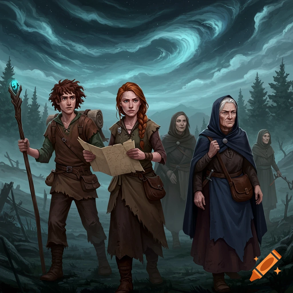 A group of fantasy travelers walks through a forest at dusk.