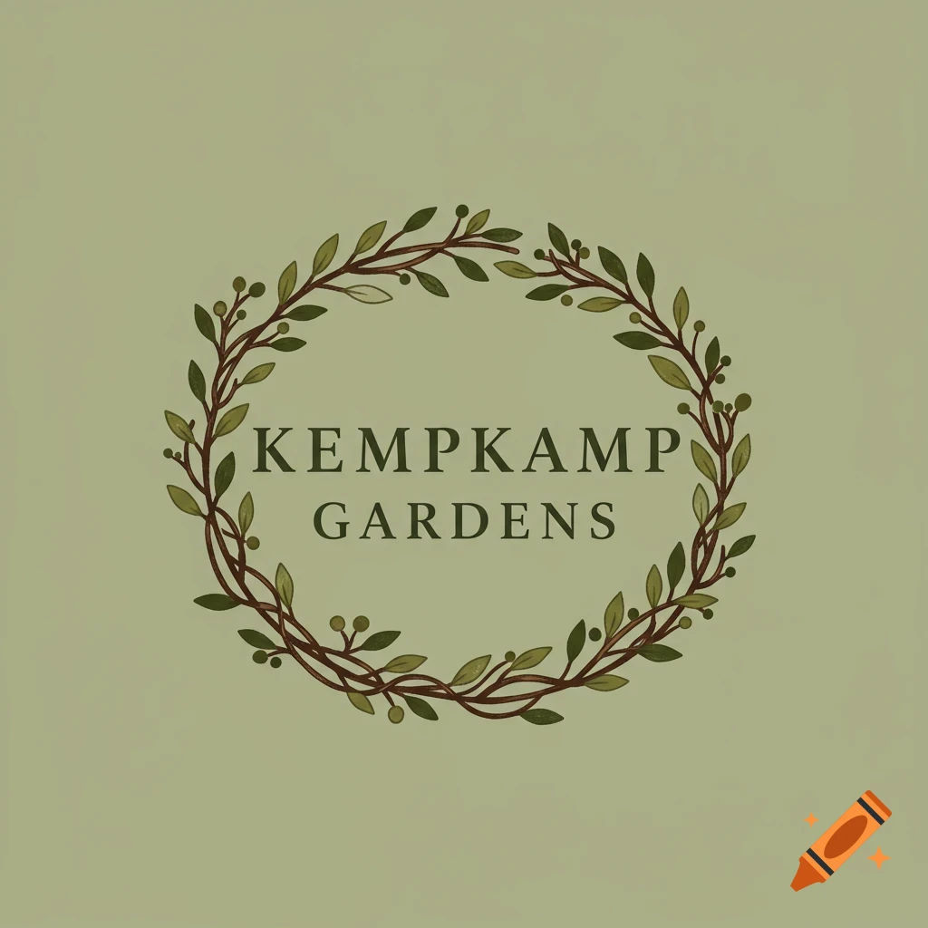 Logo for KempKamp Gardens with a botanical wreath on a green background.