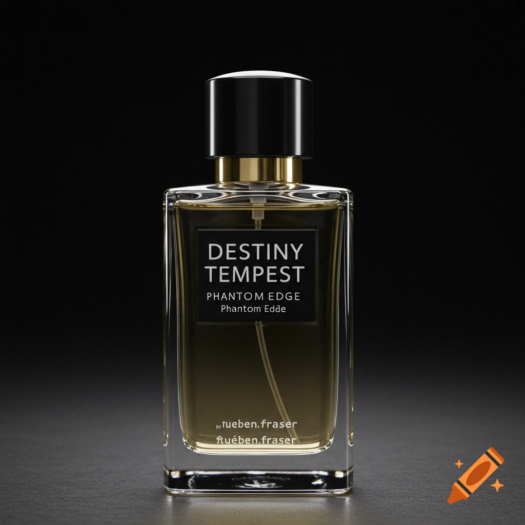 A realistic rendering of a perfume bottle labeled 'Destiny Tempest Phantom Edge by rueben.fraser' on a dark background.