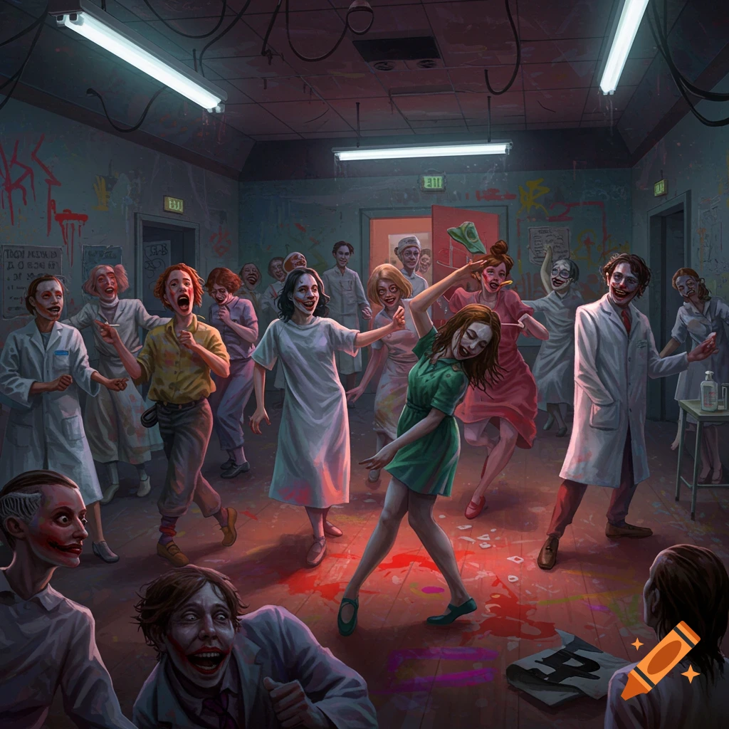 A crowd of people with exaggerated, grinning faces and unsettling eyes dance wildly in a dimly lit room covered in graffiti and red splatters, possibly an asylum.