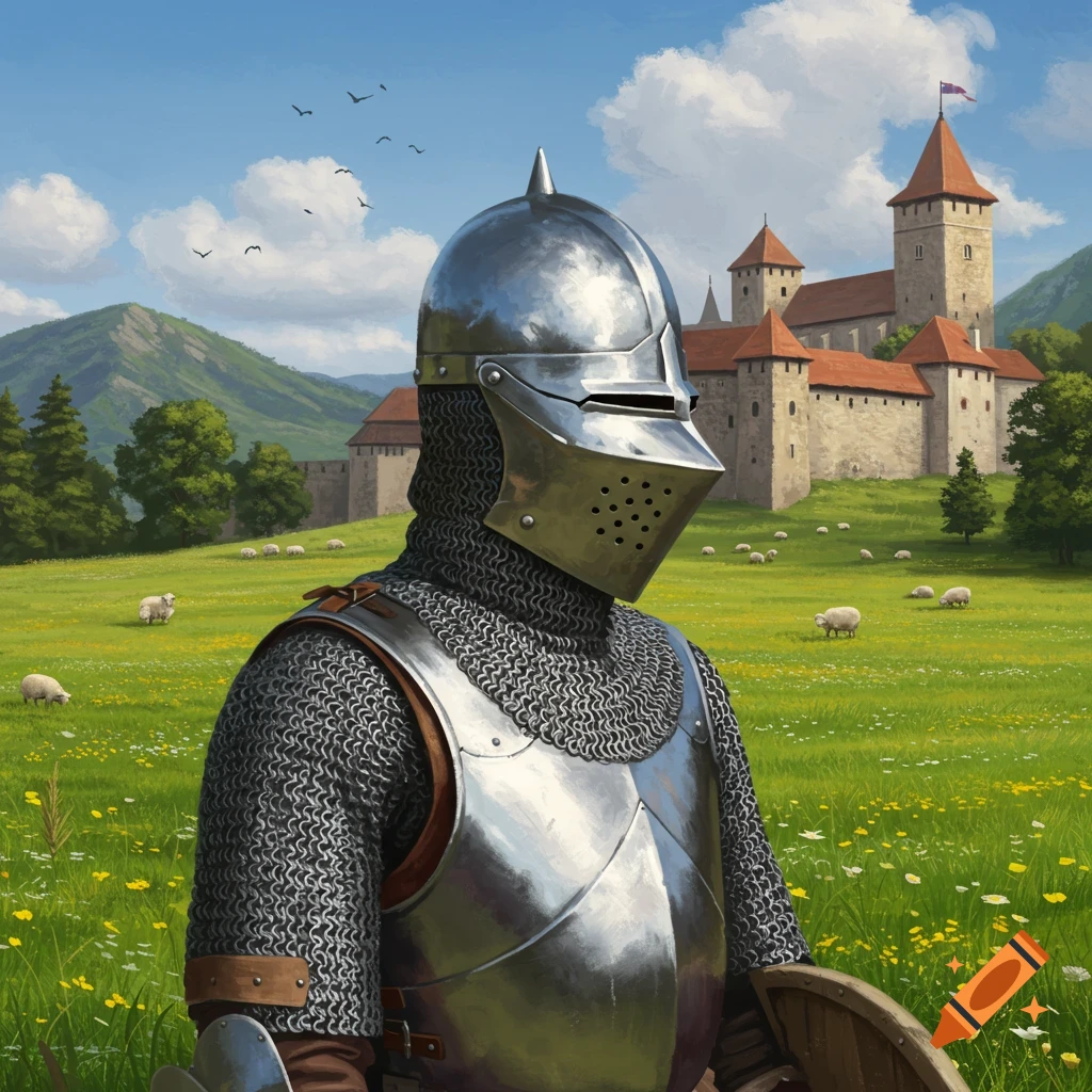 A medieval knight in full armor stands in a field with sheep and a castle in the background.