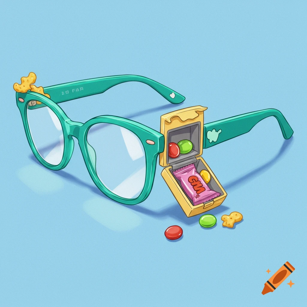 Illustration of green eyeglasses with a small compartment filled with candy and crackers.