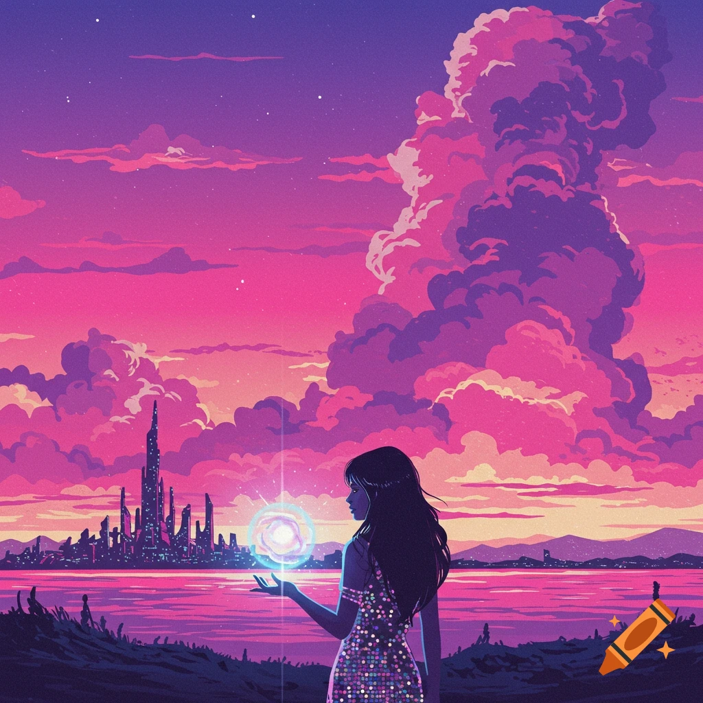 A woman holds a glowing orb by water, with a futuristic city under a pink and purple sky.