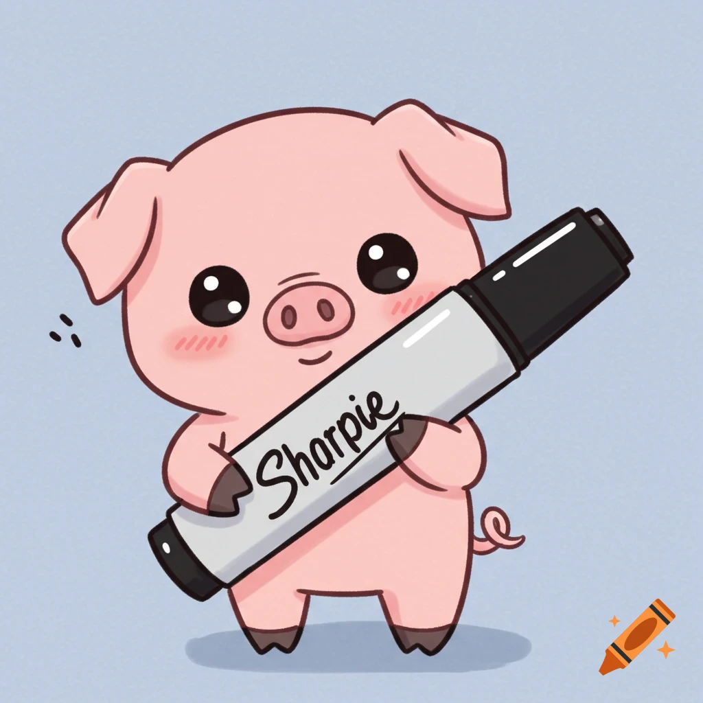 A cute cartoon pig holds a Sharpie marker.