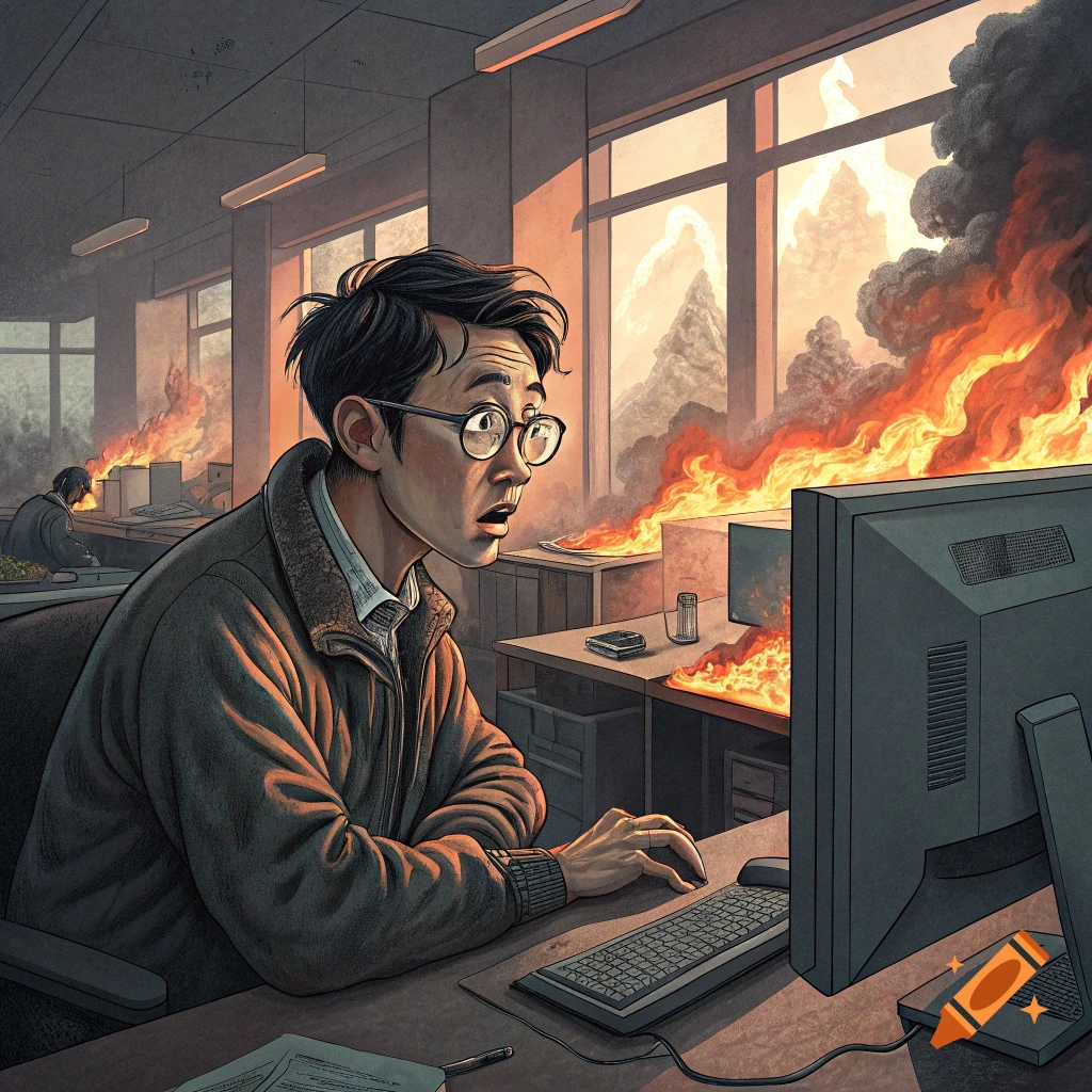 Illustrated image of a surprised man at a computer in an office engulfed in flames.