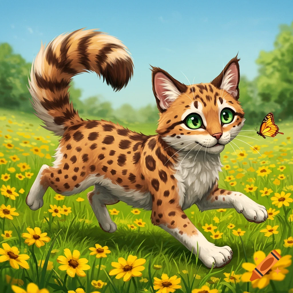 Illustrated spotted cat chasing a butterfly in a field of yellow flowers.