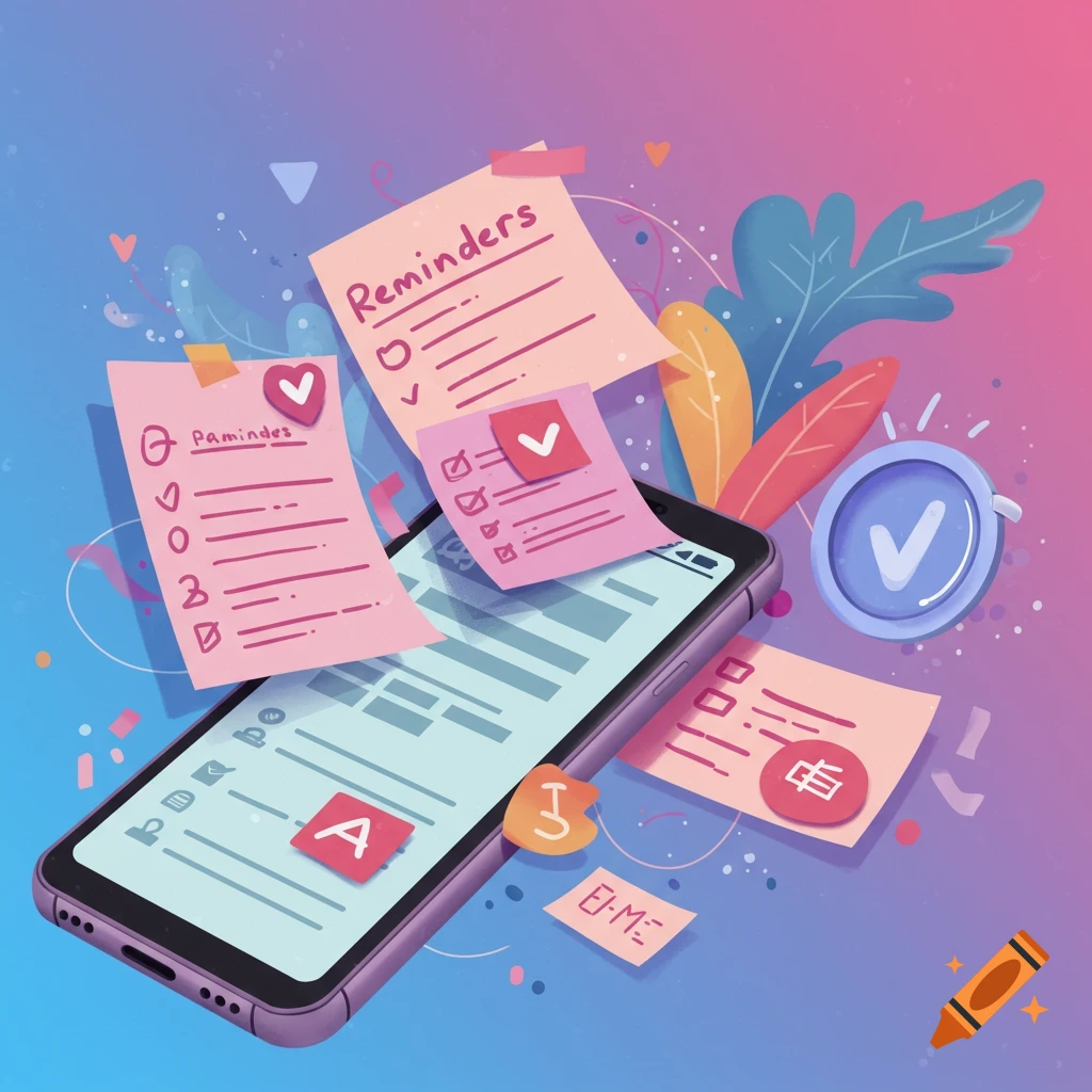 Stylized illustration of a smartphone surrounded by sticky notes with reminders, checklists, and abstract office elements.