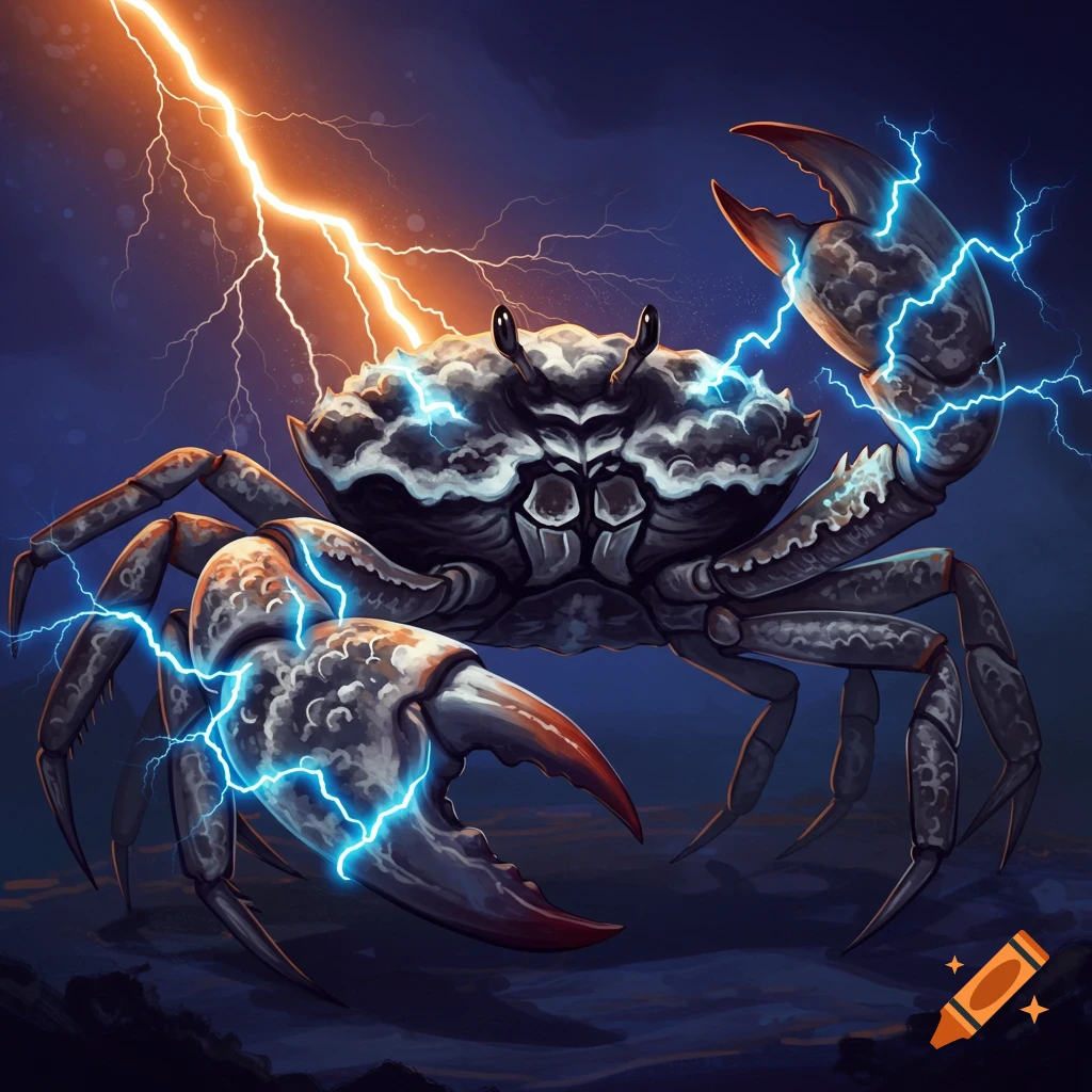 A stylized crab with thundercloud patterns and lightning.