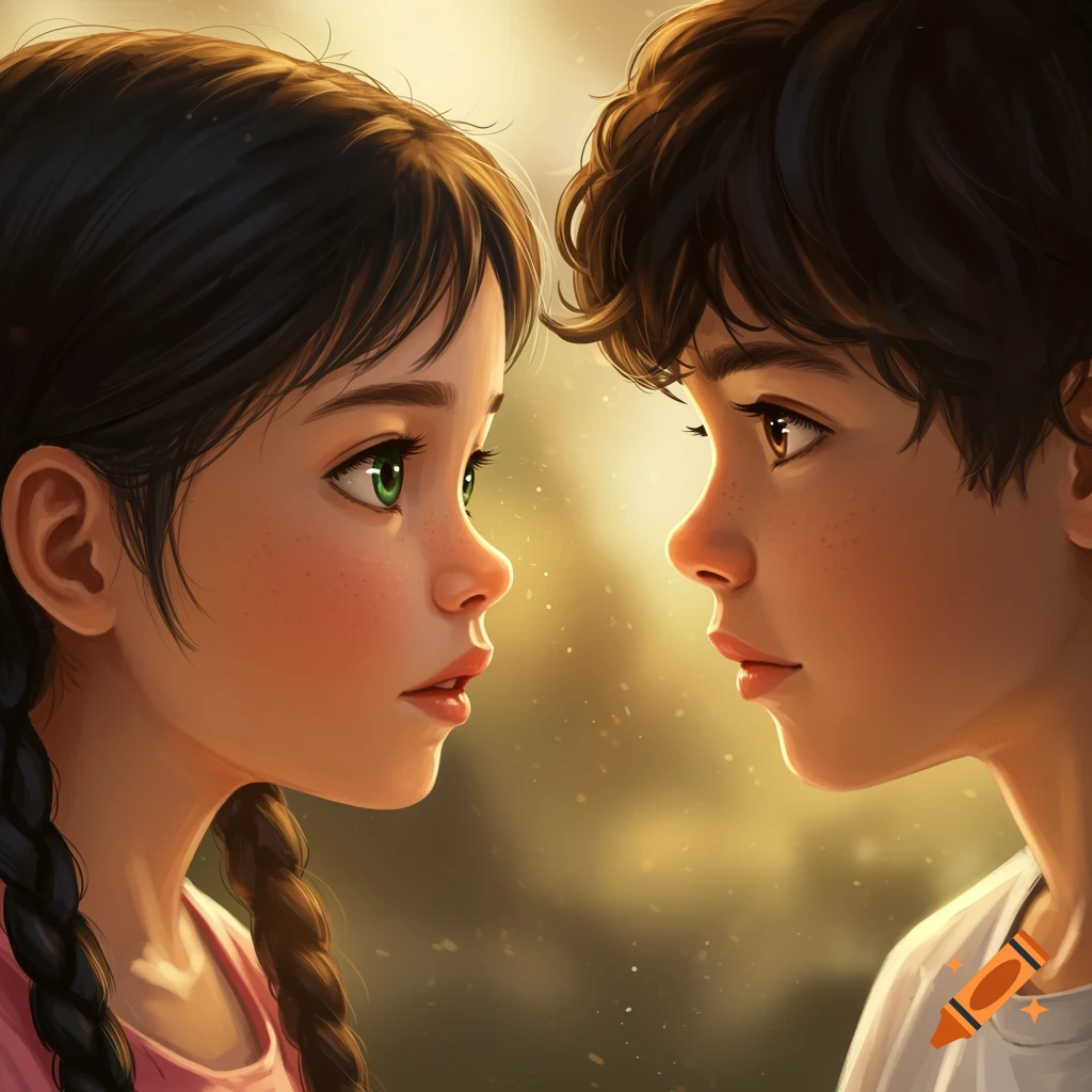 Close-up portrait of a boy and girl looking into each other's eyes with soft light.