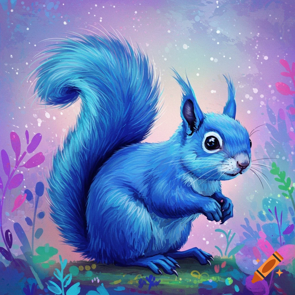 A bright blue squirrel sits on a log in a colorful, sparkling fantasy forest.