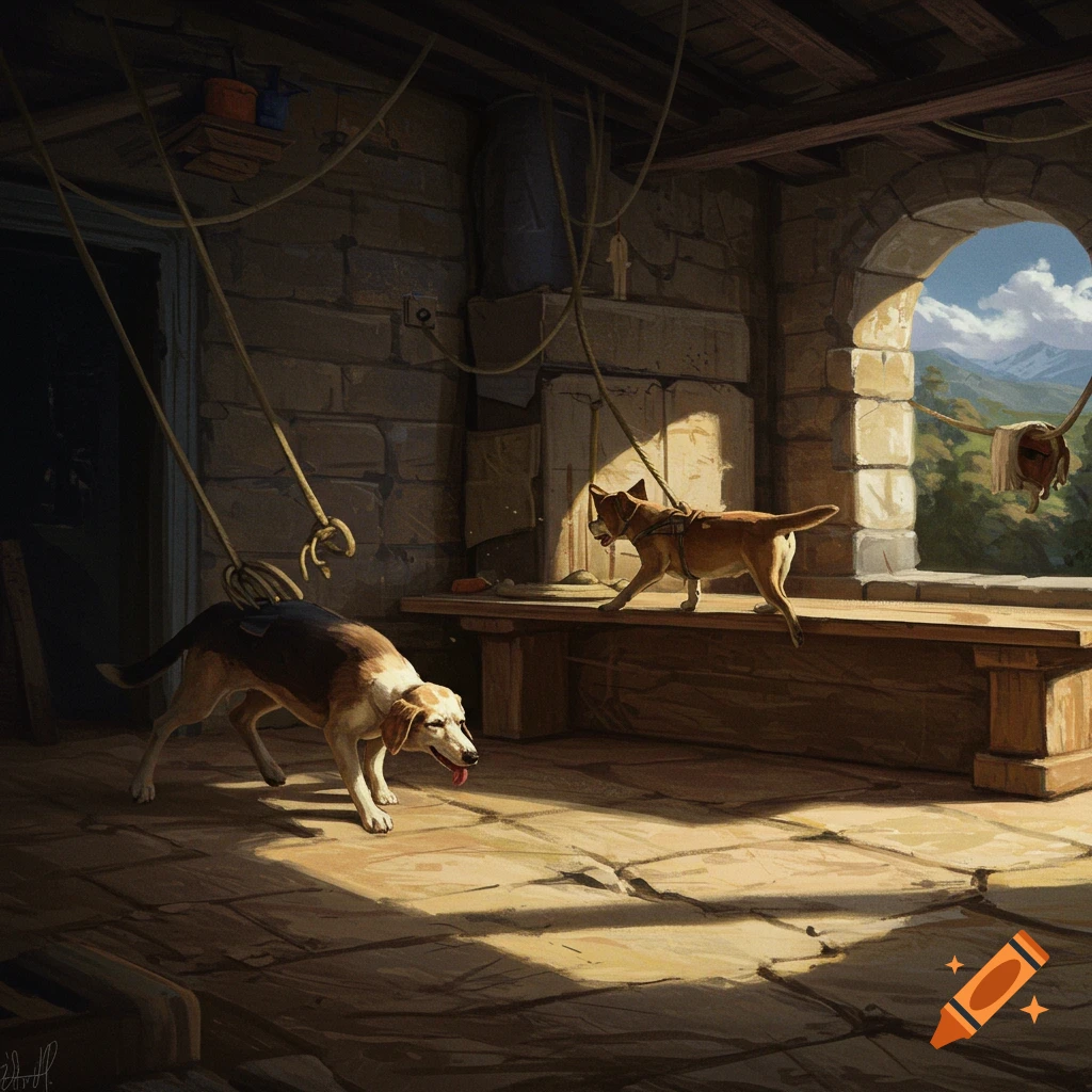 Two dogs stand in a sunlit stone room with ropes hanging from the ceiling, painted in a realistic style.
