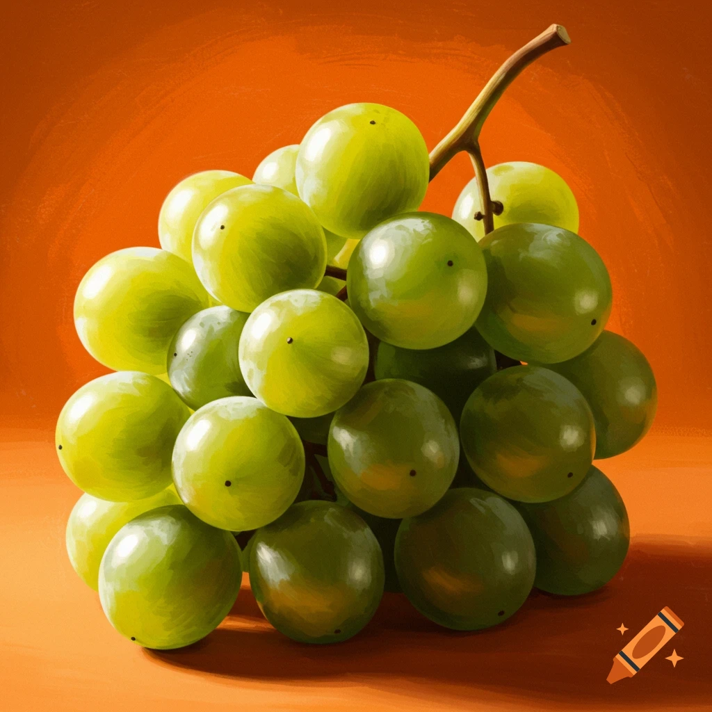 A close-up painting of a bunch of green grapes on an orange background.