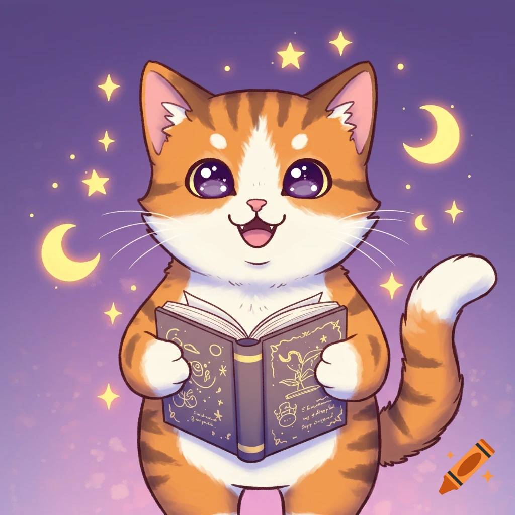 A cute cartoon orange and white cat holds an open book under a purple sky with stars and moons.