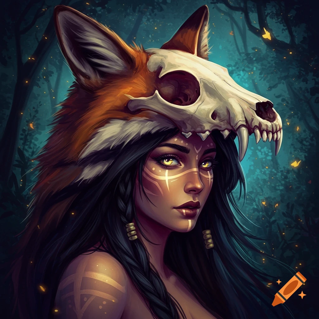 A woman wearing a fox skull and fur headdress in a dark forest.
