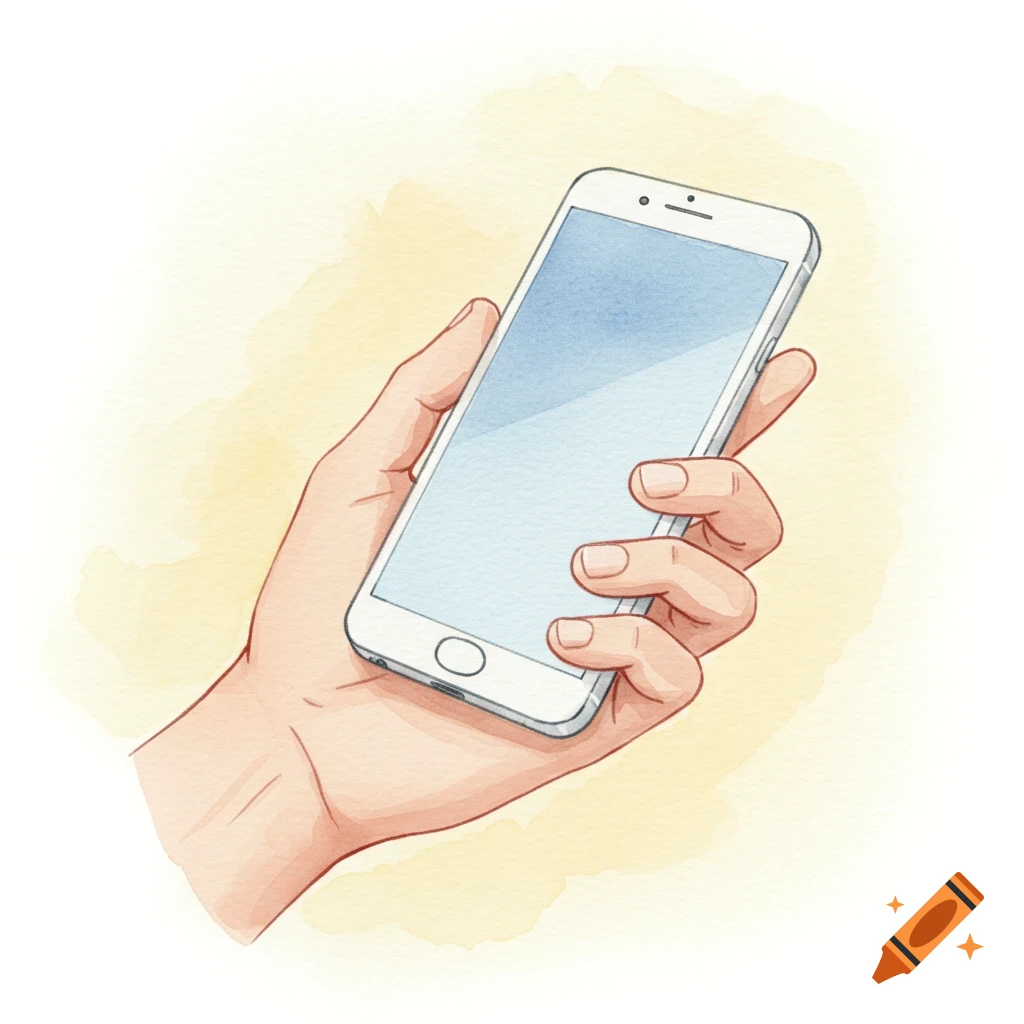 Watercolor illustration of a hand holding a smartphone.