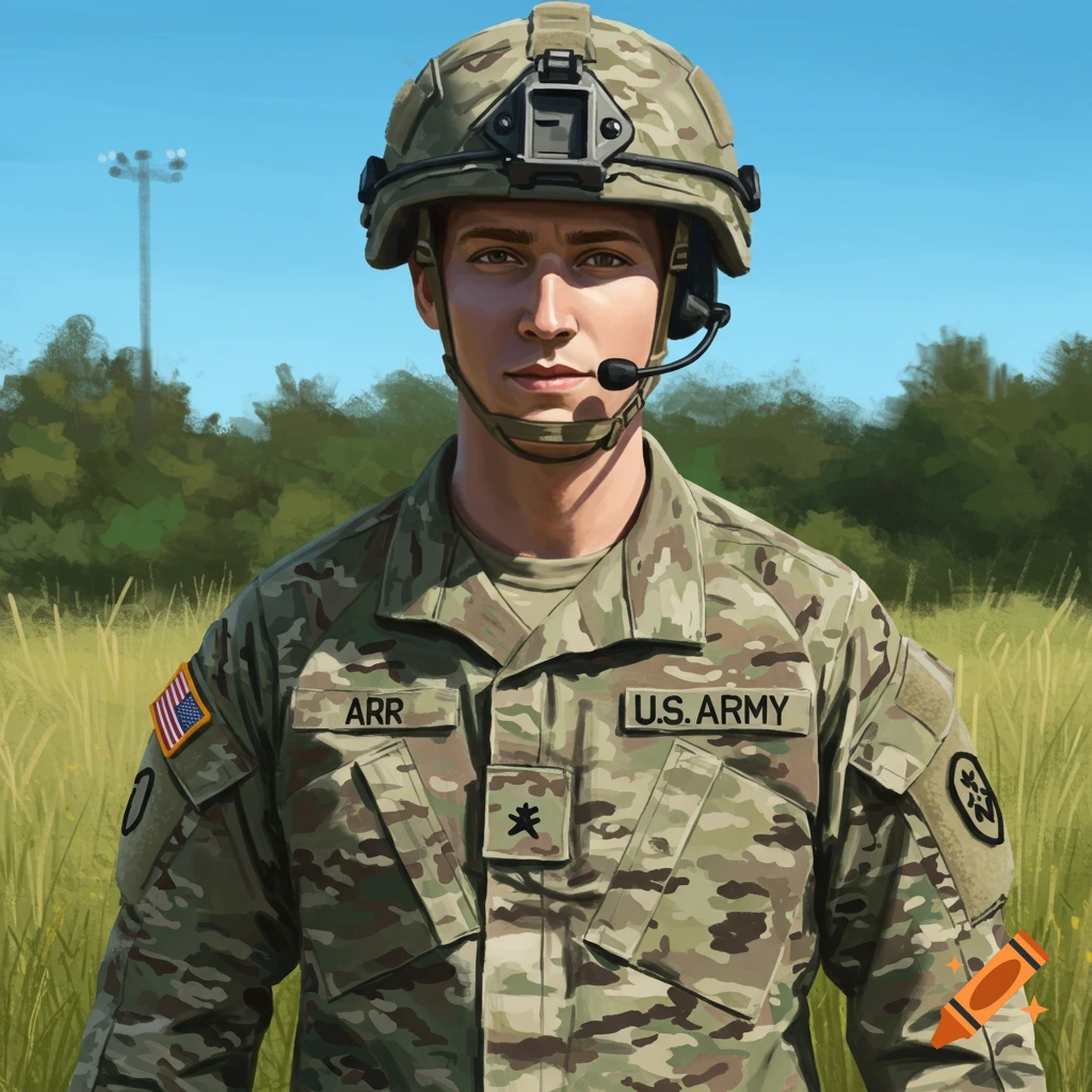 A photorealistic portrait illustration of a young US Army soldier in uniform wearing a helmet and headset, standing outdoors.