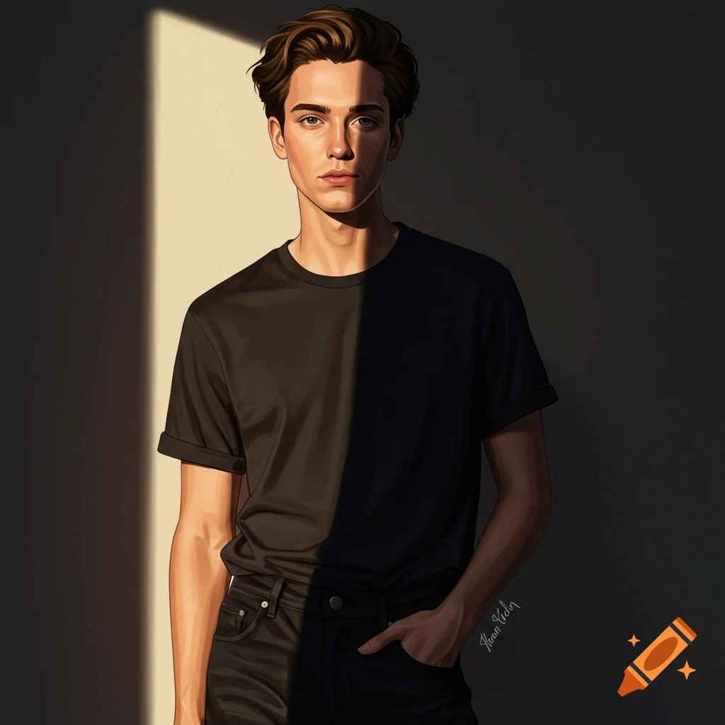 Stylized portrait of a young man in a black t-shirt standing in dramatic sunlight and shadow.