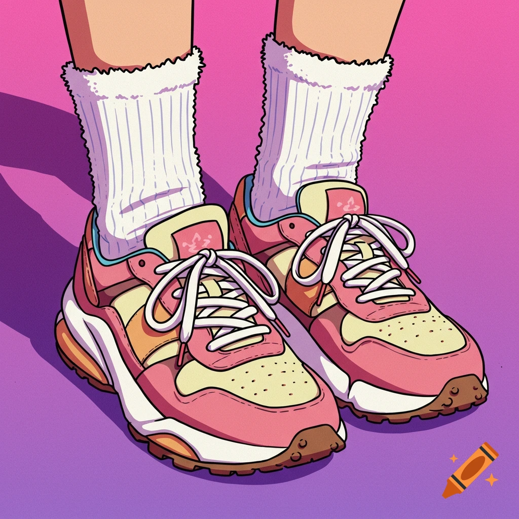 Anime style image of feet wearing white socks and pink and yellow athletic shoes.