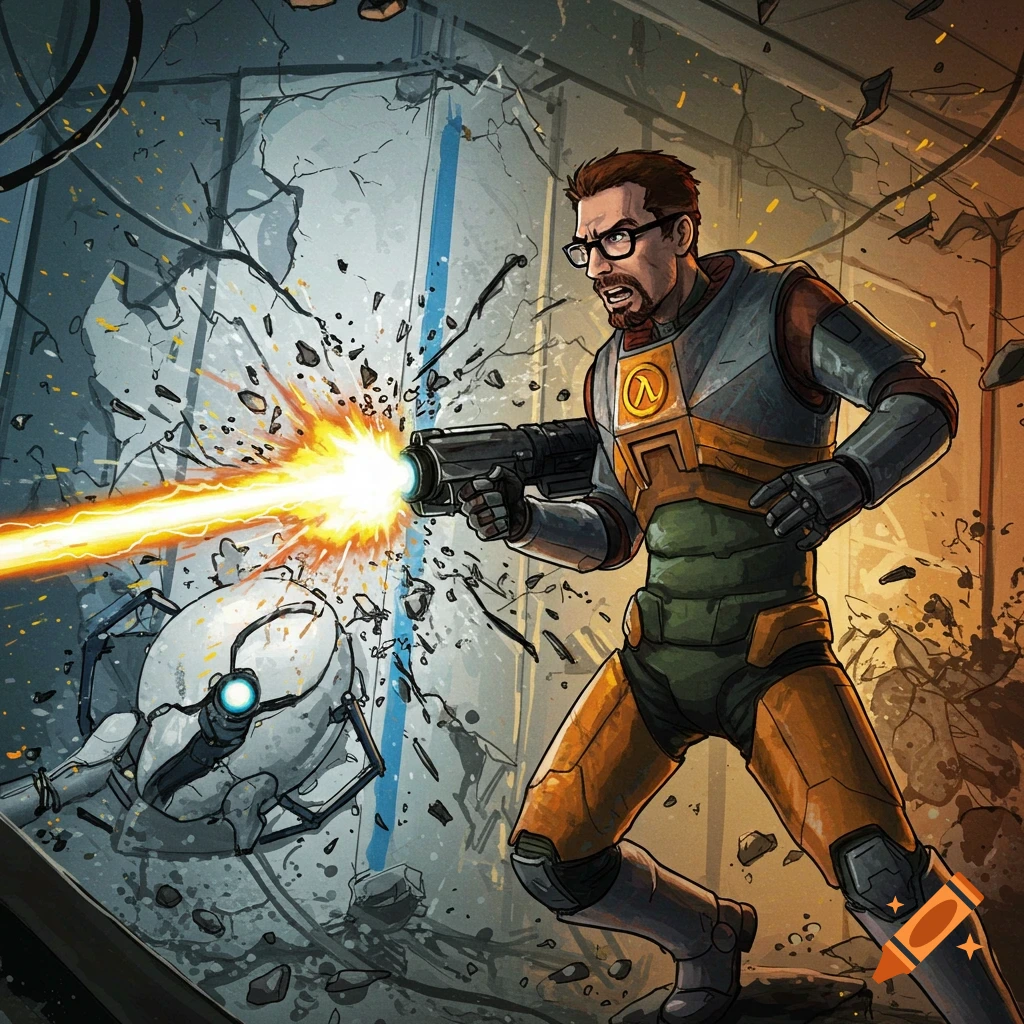 Illustration of Gordon Freeman in HEV suit firing a weapon at a robot in a destroyed lab.