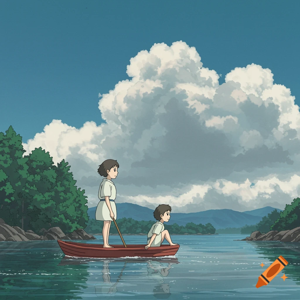 Anime style illustration of two children in a boat on a lake, surrounded by trees and mountains under a cloudy sky.