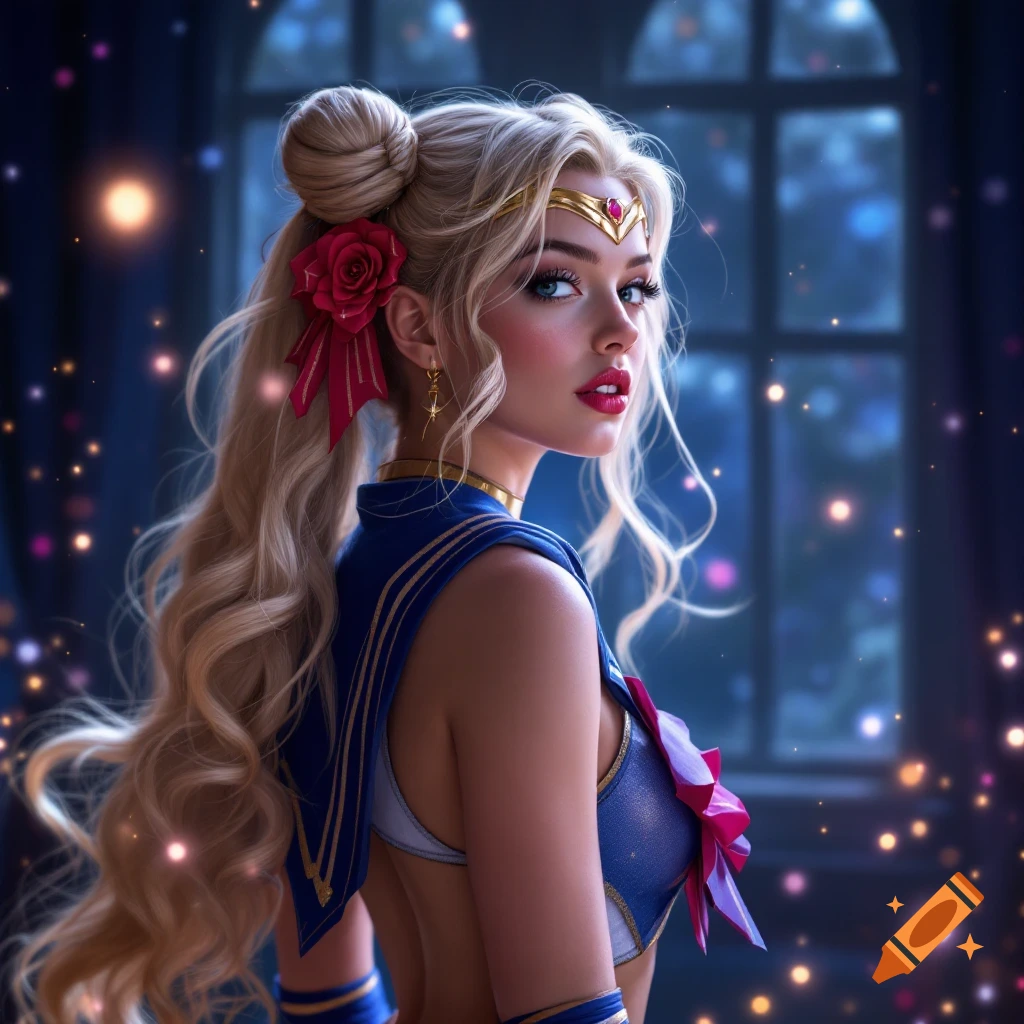 Detailed portrait of a woman in a Sailor Moon costume looking over her shoulder in a dark room with magical lights.