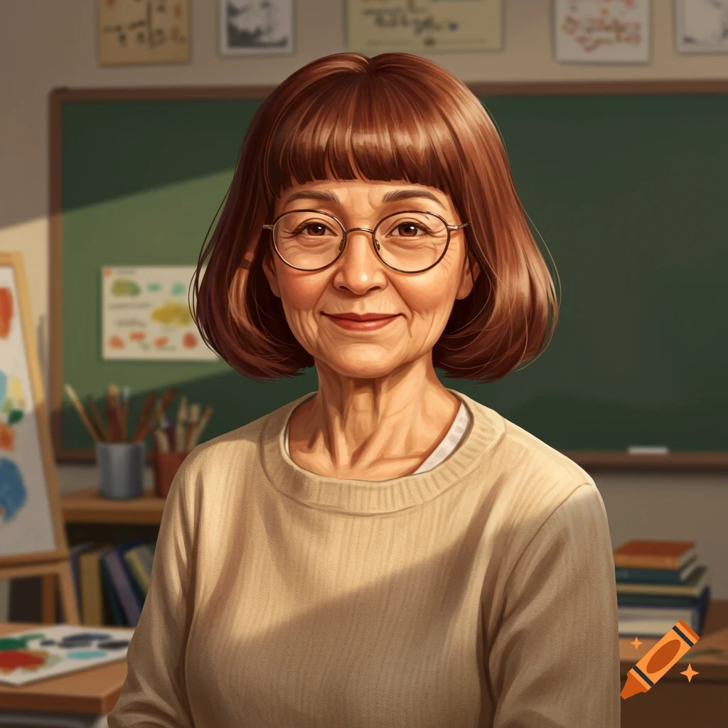 Portrait of an older teacher with glasses and short hair in a classroom.