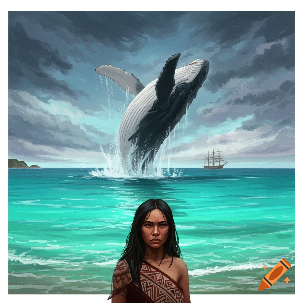 Painting of a woman on a beach with a whale breaching and a ship in the ocean.