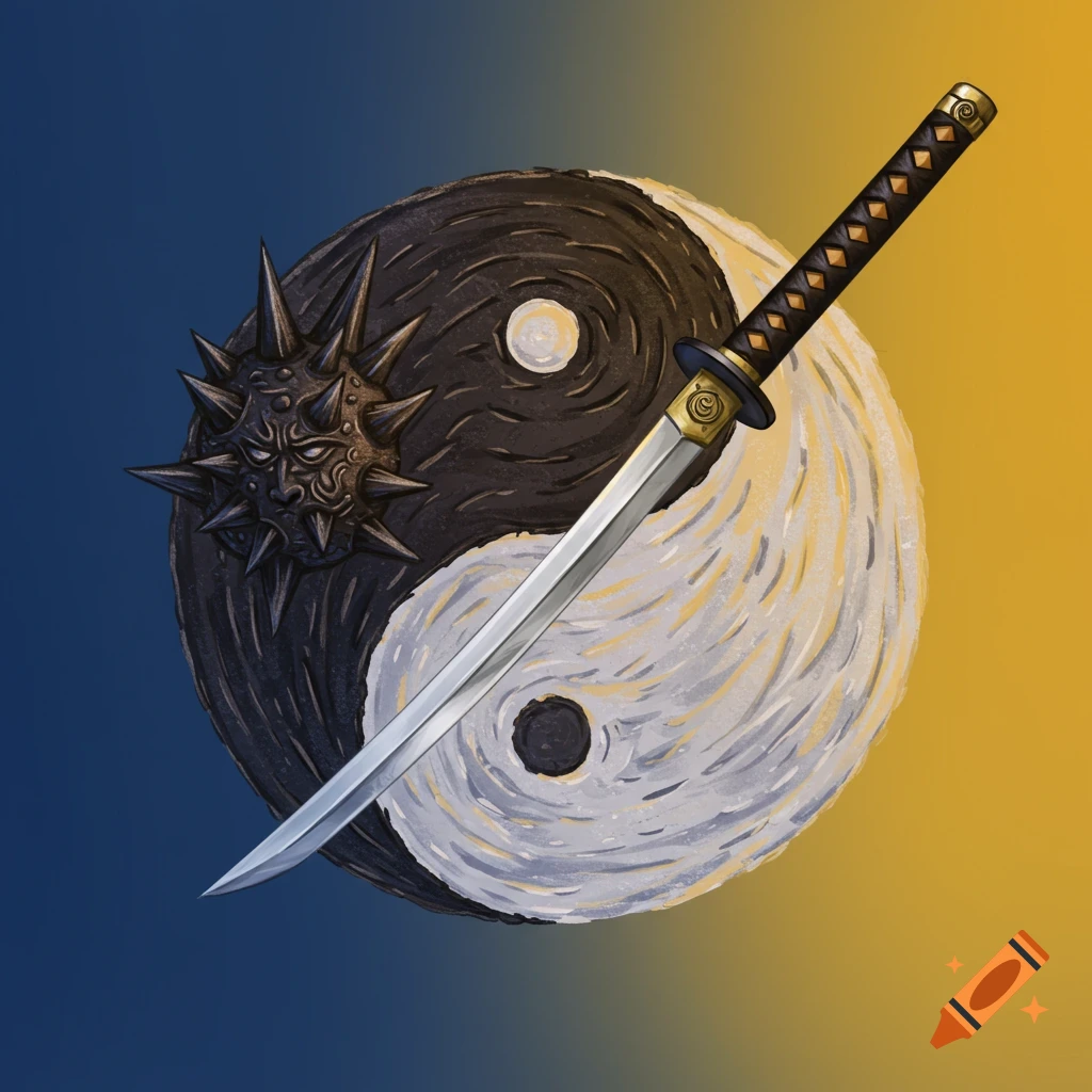 Yin yang symbol with a sword and spiked weapon over a blue and yellow background.
