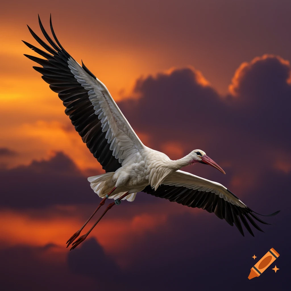 A white stork with black wingtips flies against a vibrant orange and purple sunset sky.