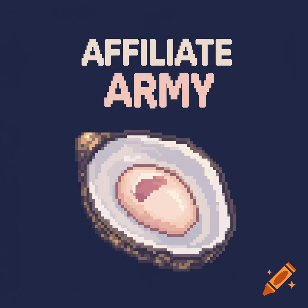 Pixel art illustration of an oyster with the text 'AFFILIATE ARMY' above it.